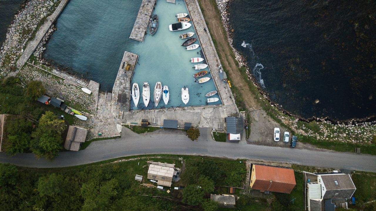 Aerial view of boats moored in a marina